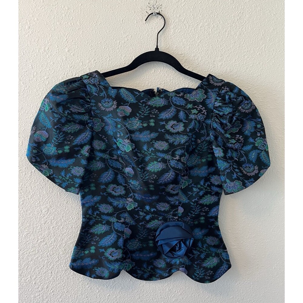 VTG 1980s Dance Allure Top Size 3/4 Puff Sleeve Cottage Coquette Floral Applique